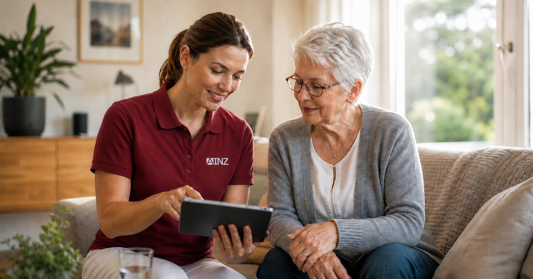 Pflegekraft mit Tablet im freundlichen Gespraech mit einer aelteren Person.